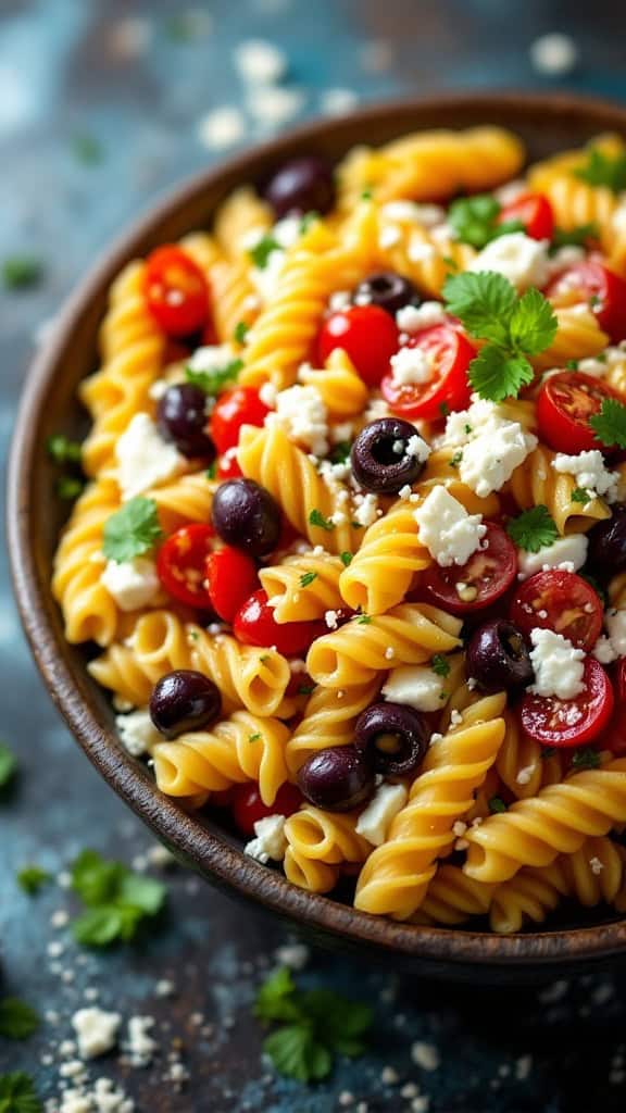 A bowl of Greek pasta salad featuring rotini pasta, black olives, cherry tomatoes, and crumbled feta cheese.