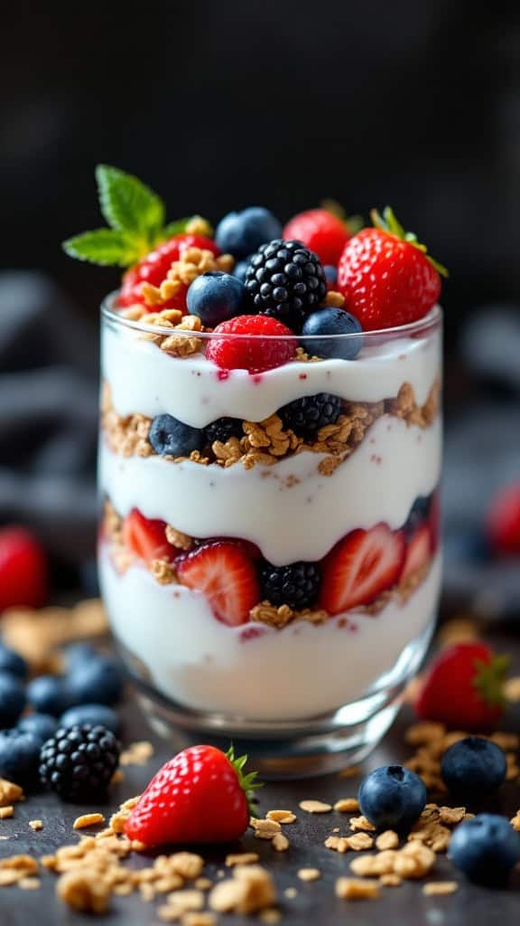 A glass of Greek yogurt layered with berries and granola, topped with mint leaves.