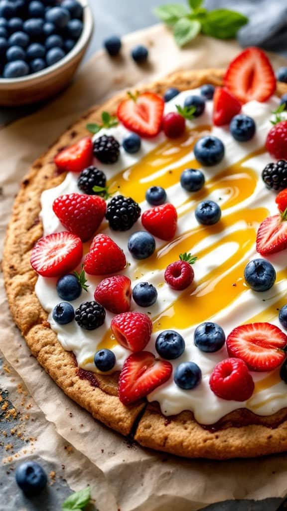 A fruit pizza topped with Greek yogurt and assorted fresh berries.