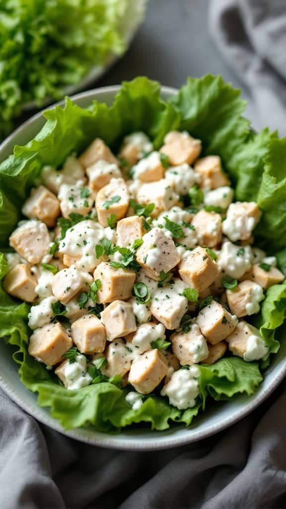 A bowl of Greek yogurt chicken salad served on lettuce leaves.