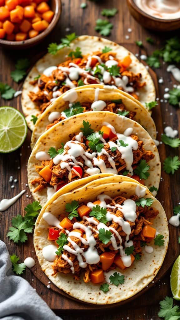 Four tacos filled with chicken, peppers, and drizzled with Greek yogurt chipotle sauce, garnished with cilantro and lime.