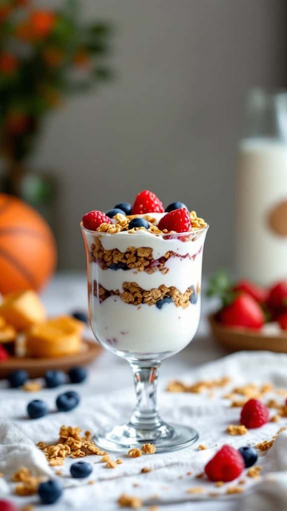 A glass of Greek yogurt parfait layered with granola, blueberries, and raspberries, set against a backdrop of basketball-themed decorations.