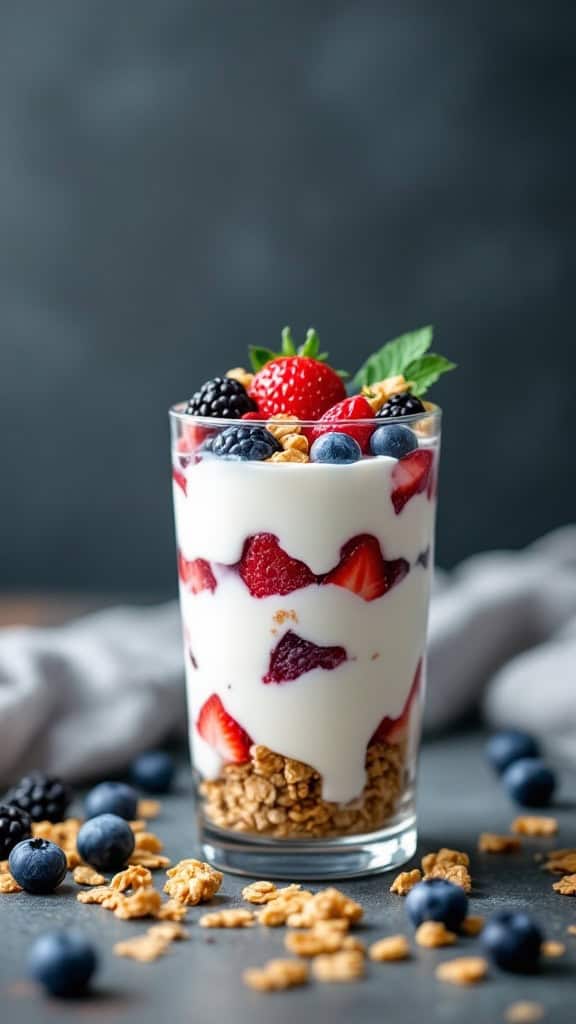 A delicious Greek yogurt parfait topped with strawberries, blueberries, blackberries, and granola.