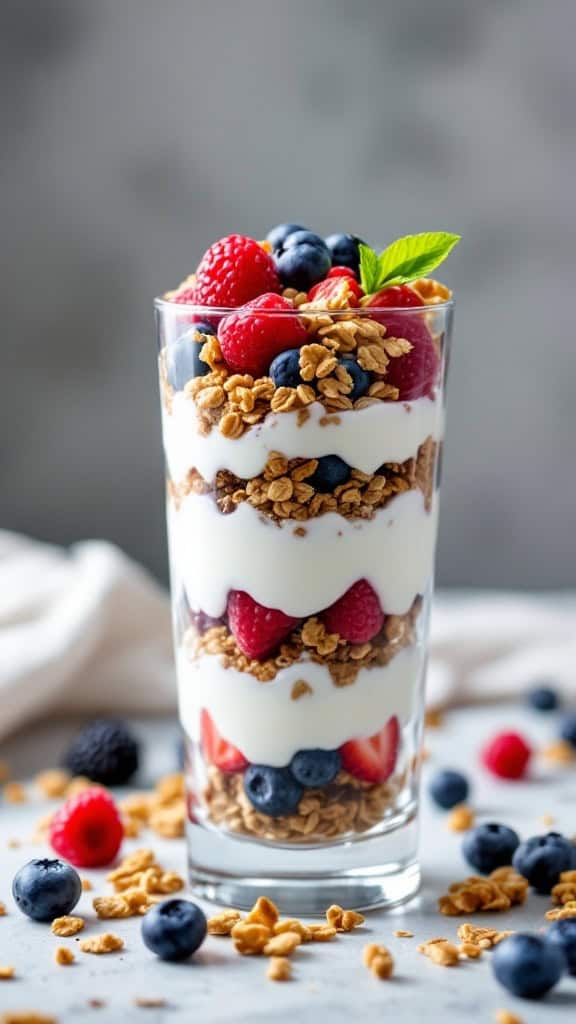 A delicious Greek yogurt parfait layered with granola and fresh berries.