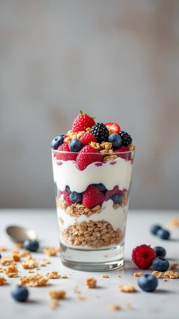 A glass of Greek yogurt parfait layered with granola and mixed berries.
