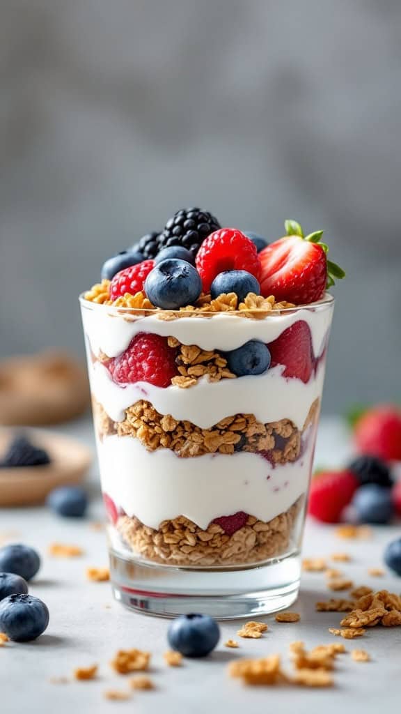 A delicious Greek yogurt parfait layered with berries and granola.