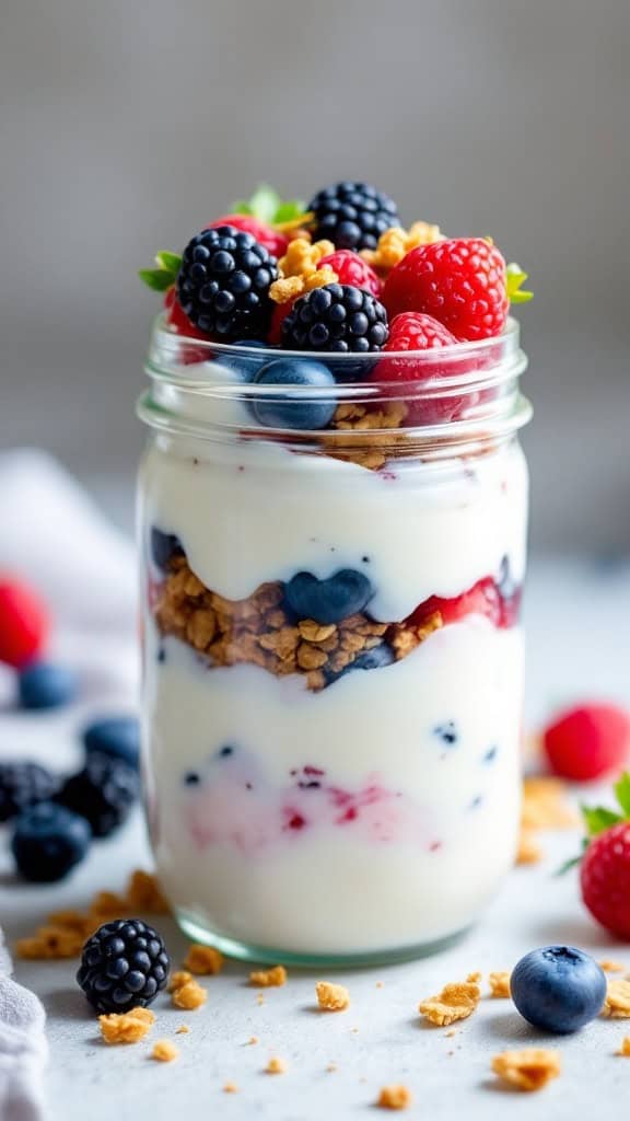 A jar filled with Greek yogurt, layers of berries, and granola.