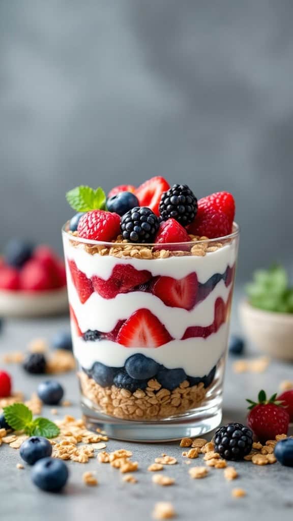 A glass of Greek yogurt parfait with layers of berries and granola.