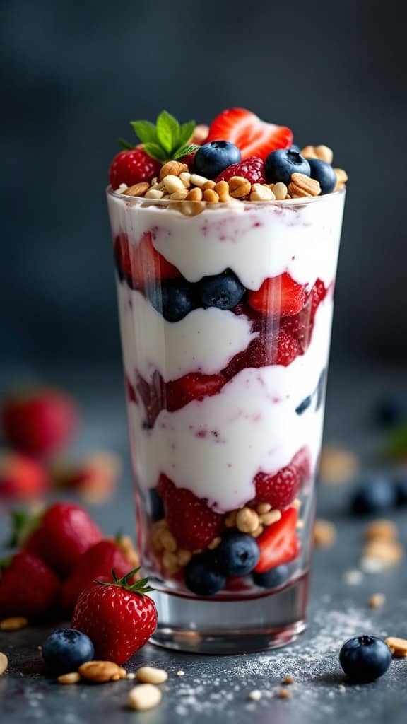 A delicious Greek yogurt parfait layered with berries and nuts in a glass.