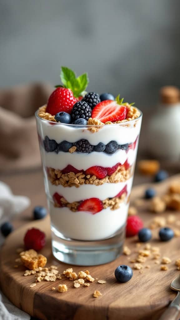 A delicious Greek yogurt parfait layered with fresh berries and granola in a glass.