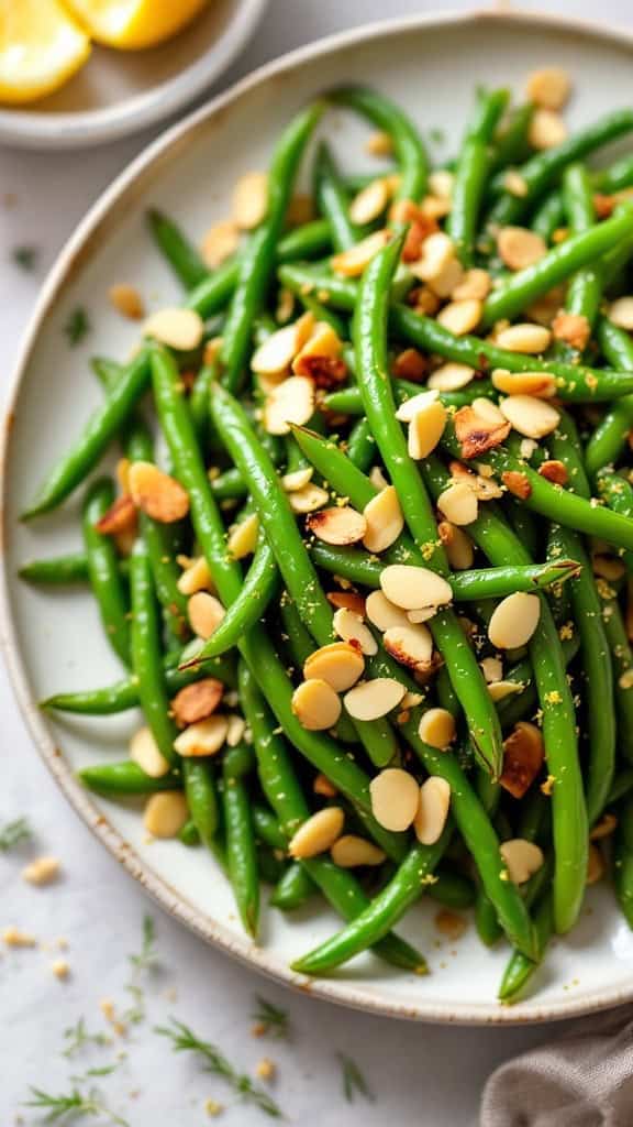 A plate of green beans topped with sliced almonds and garnished with lemon.