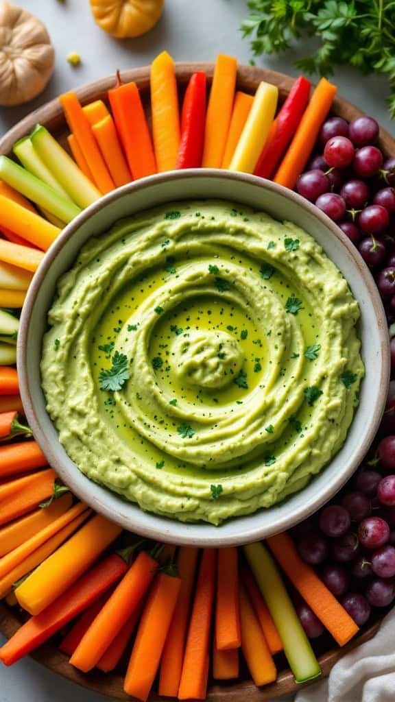 A bowl of green hummus surrounded by vibrant veggie sticks.