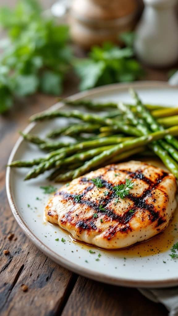 Grilled chicken breast served with asparagus on a plate
