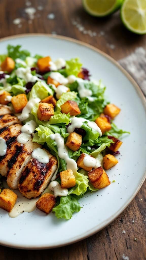 A plate of grilled chicken Caesar salad with lettuce, diced potatoes, and creamy dressing
