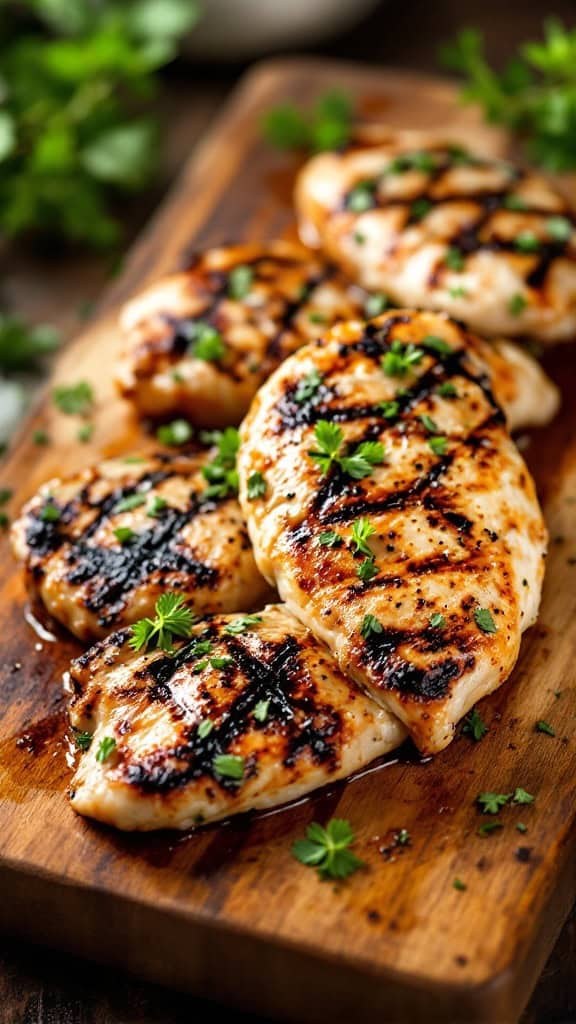 Grilled chicken breasts garnished with herbs on a wooden cutting board.