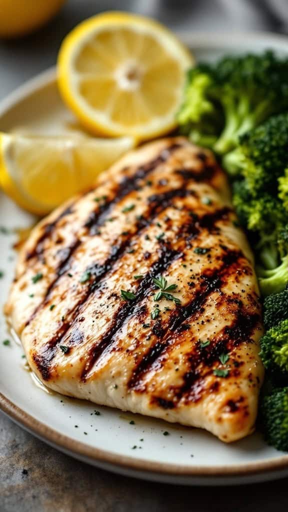 Grilled lemon herb chicken breast with broccoli and lemon slices on a plate