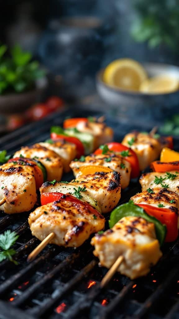 Grilled chicken skewers with colorful peppers on a barbecue grill.