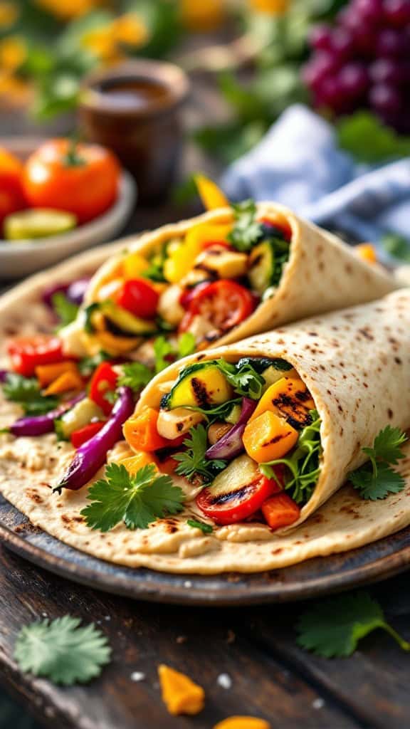 Two grilled vegetable and hummus wraps filled with colorful veggies on a plate