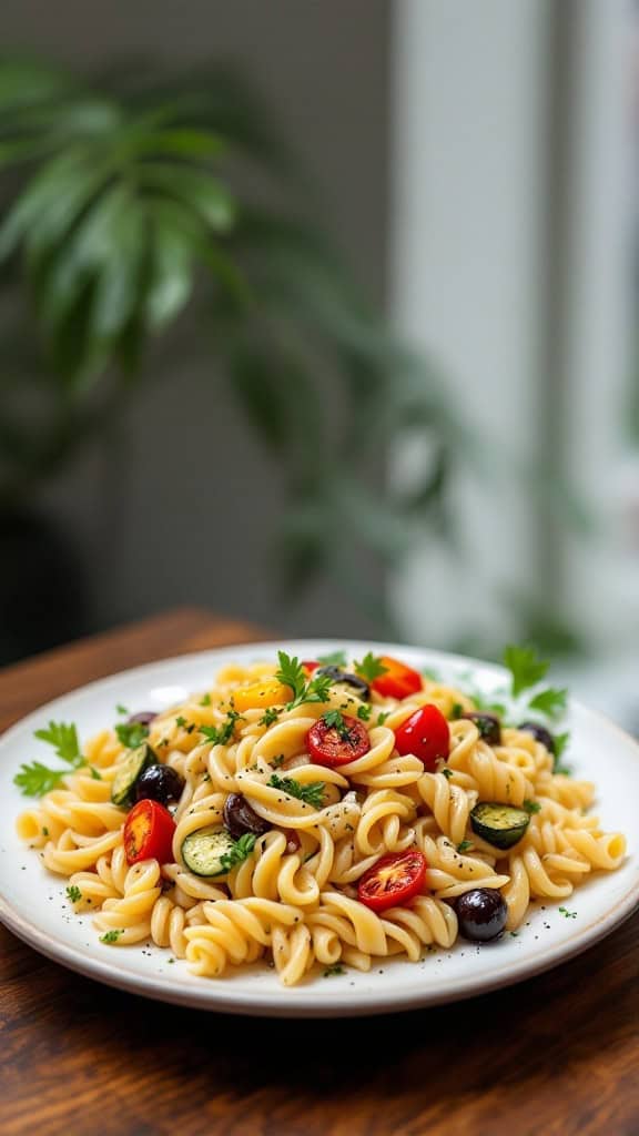A plate of grilled vegetable pasta salad with colorful ingredients like tomatoes, olives, and zucchini.