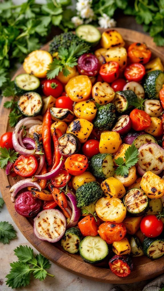 A colorful assortment of grilled vegetables including zucchini, cherry tomatoes, and bell peppers on a wooden platter.