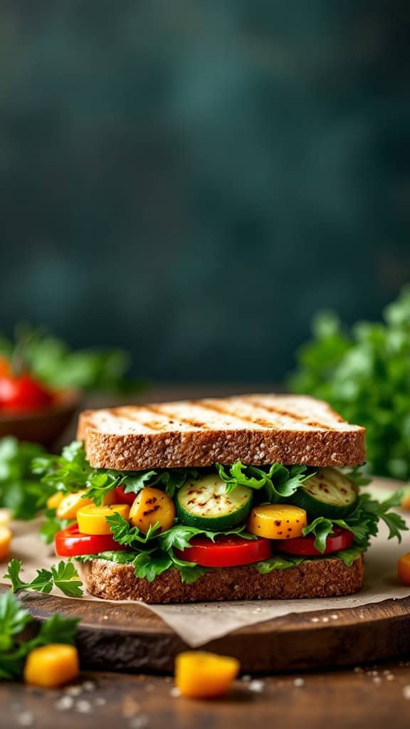A grilled vegetable sandwich with colorful vegetables and whole grain bread.
