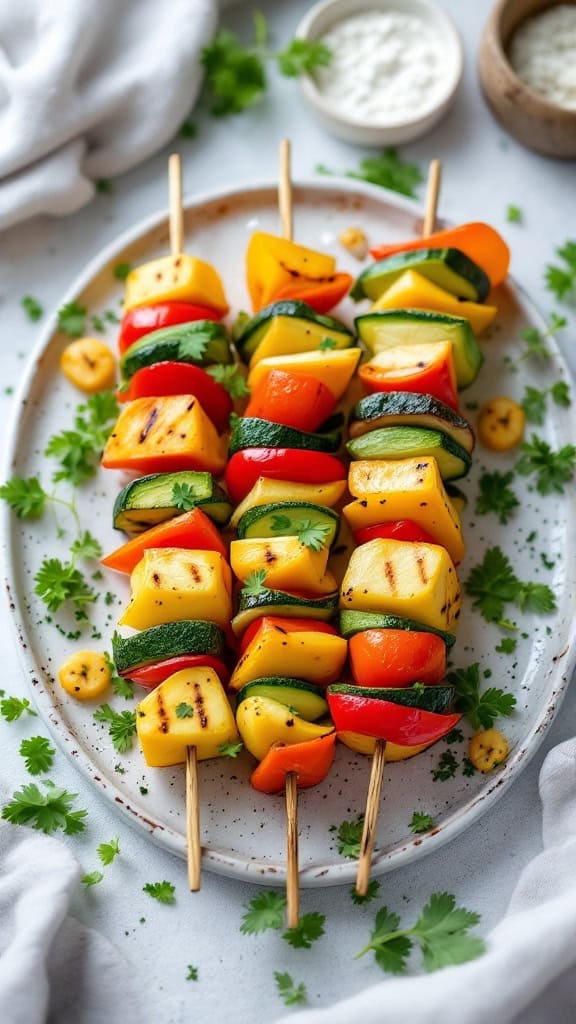 Colorful grilled vegetable skewers on a plate, featuring zucchini, bell peppers, and mango.