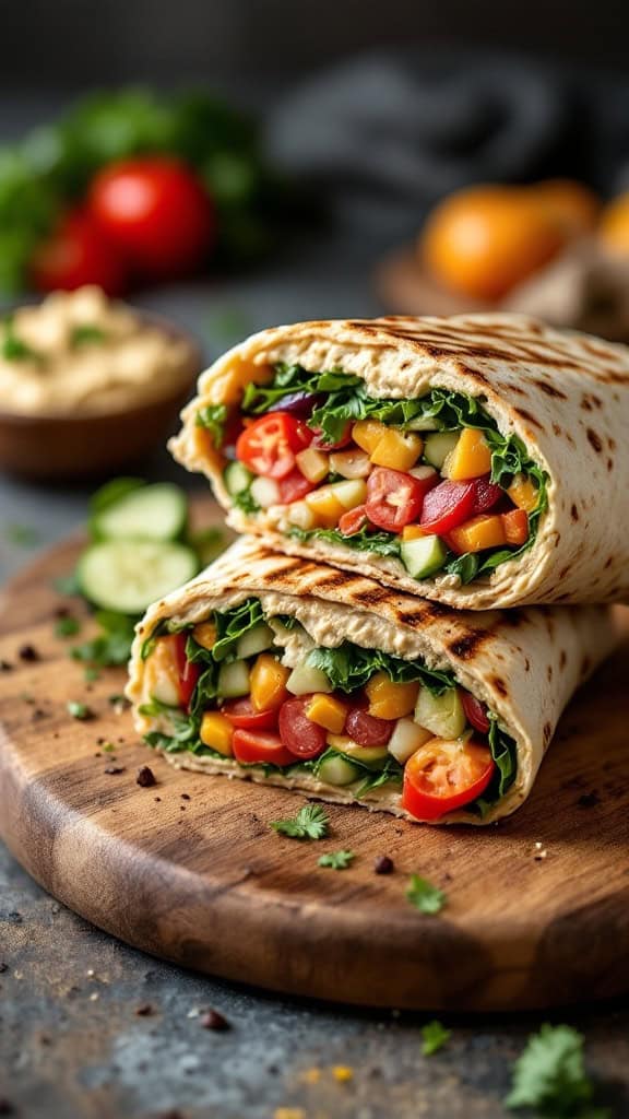 Grilled vegetable wraps filled with colorful veggies and hummus on a wooden board