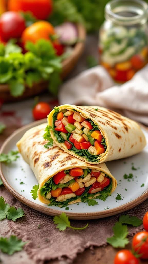 Two grilled veggie and hummus wraps on a plate, surrounded by fresh vegetables.