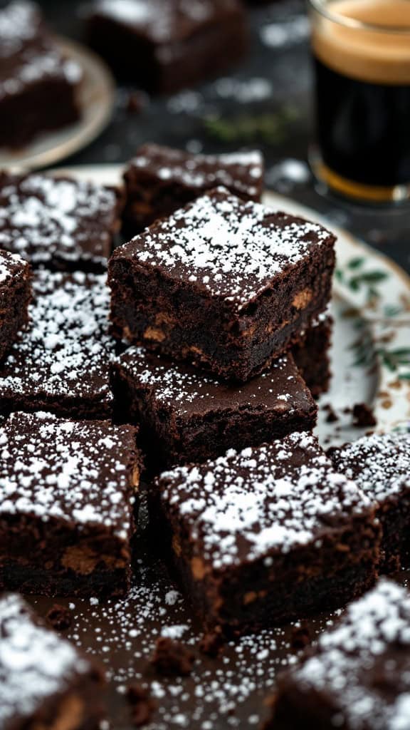 Delicious chocolate brownies dusted with powdered sugar.