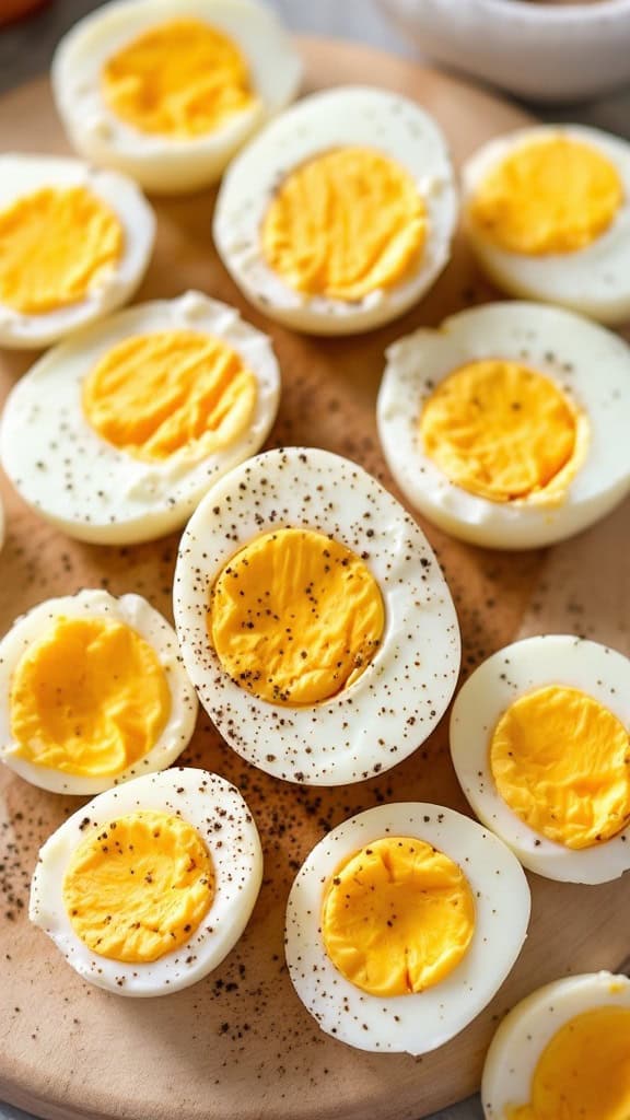 Sliced hard-boiled eggs seasoned with everything bagel seasoning on a wooden board.