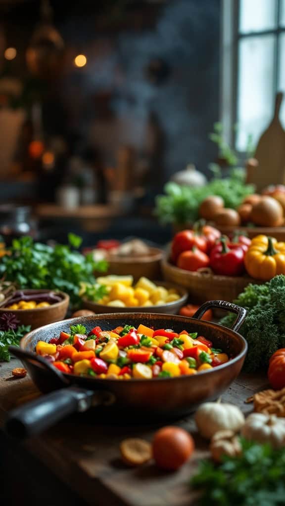 A colorful stir-fried dish with various vegetables like bell peppers, zucchini, and carrots in a pan, surrounded by fresh produce.