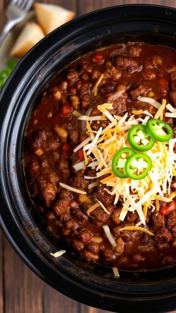 A bowl of hearty beef chili topped with cheese and jalapeños in a crockpot.