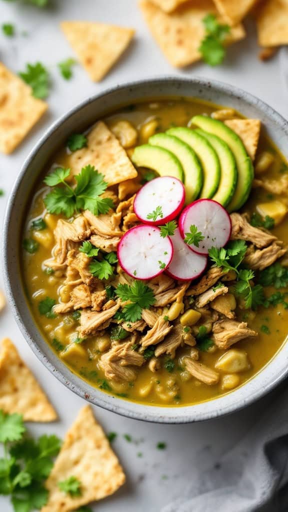 A bowl of hearty chicken pozole verde topped with avocado, radishes, and tortilla chips.