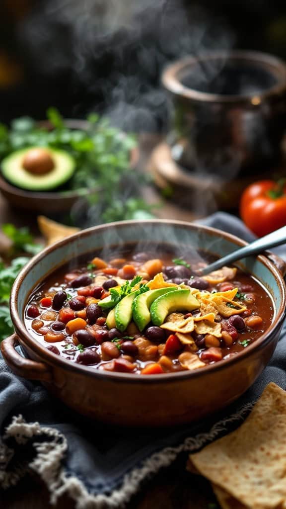 A bowl of hearty Mexican bean soup topped with avocado slices, cilantro, and tortilla strips, with ingredients in the background.