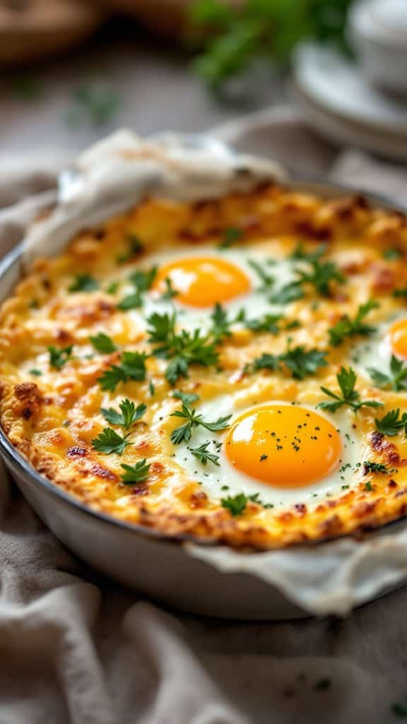 A baked egg dish topped with fresh herbs and three egg yolks.