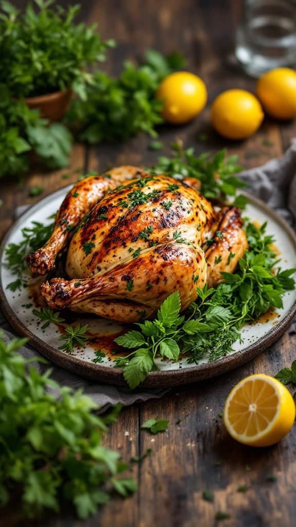 A beautifully roasted chicken garnished with herbs and served with lemon.