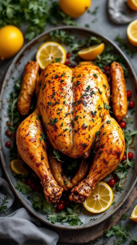 Herb-crusted roasted chicken garnished with herbs and lemon slices on a platter.