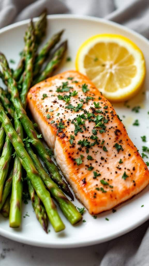 Plate of herb-crusted salmon with asparagus and lemon slices