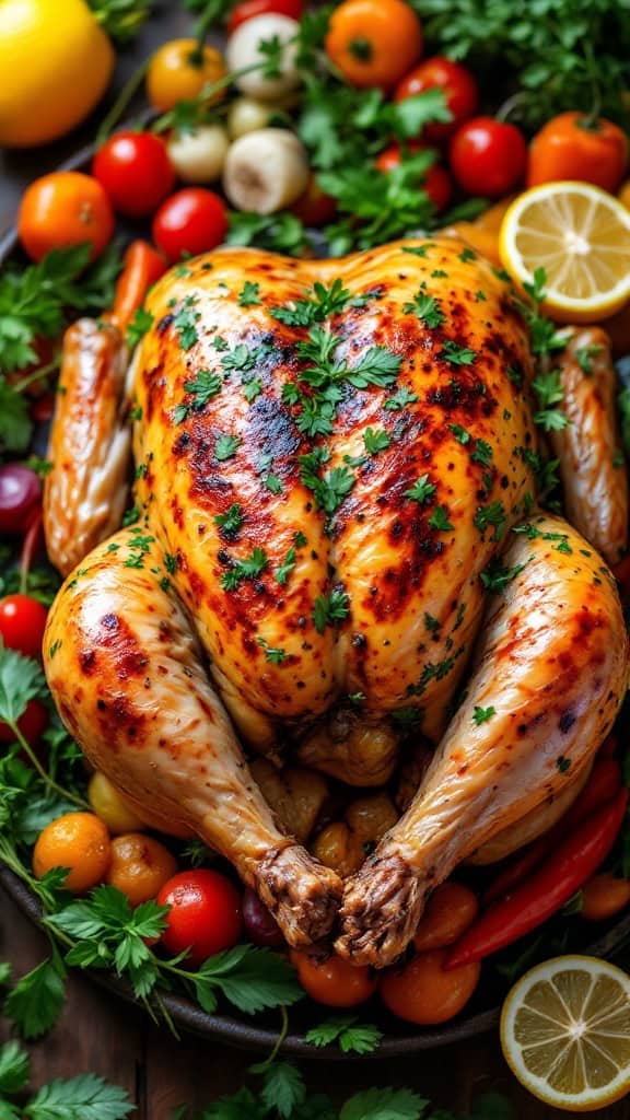 A beautifully roasted chicken garnished with herbs and surrounded by assorted vegetables and lemon slices.