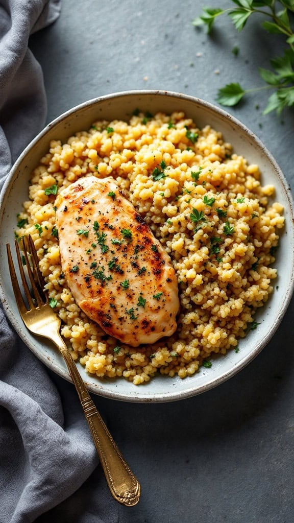 A plate of herbed chicken served with quinoa pilaf.