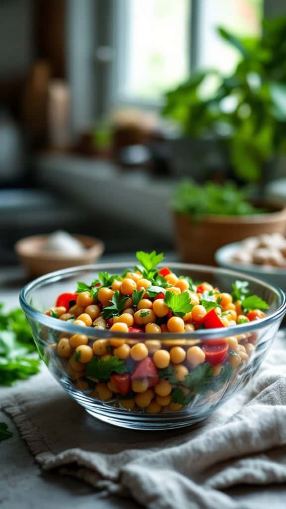 A bowl of herbed chickpea salad with parsley and diced tomatoes.