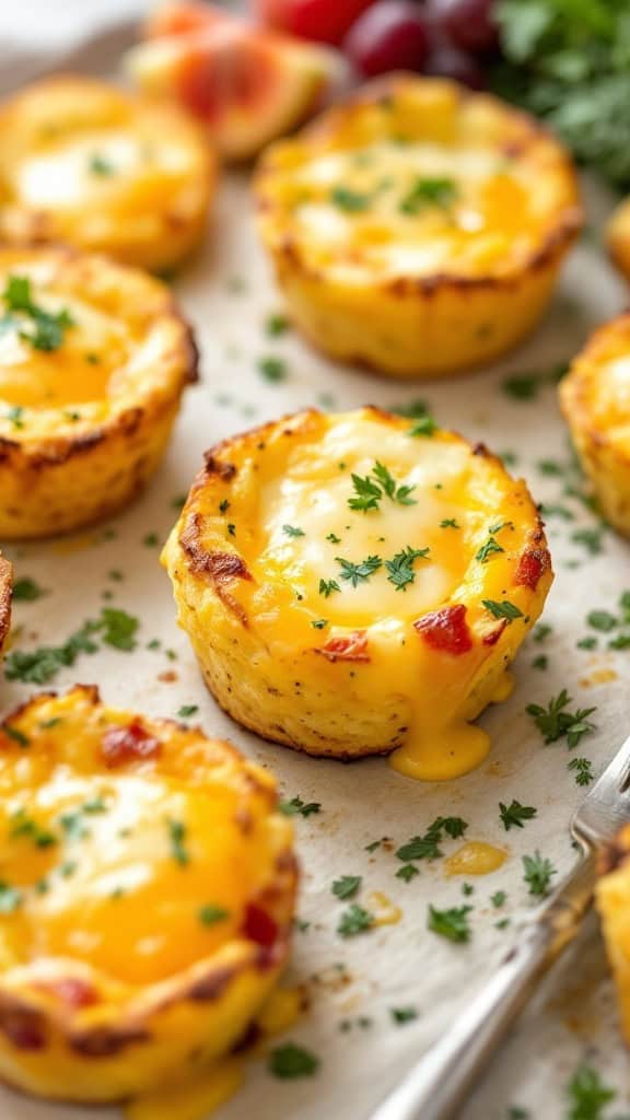 Herbed egg muffins with cheese on a platter, garnished with parsley.