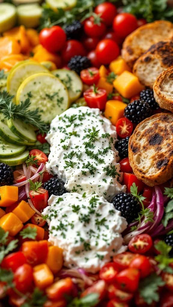 A platter featuring herbed goat cheese surrounded by various colorful vegetables like cherry tomatoes, cucumbers, and bell peppers.