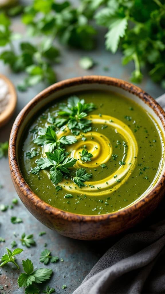 A bowl of herbed green vegetable soup topped with fresh herbs.