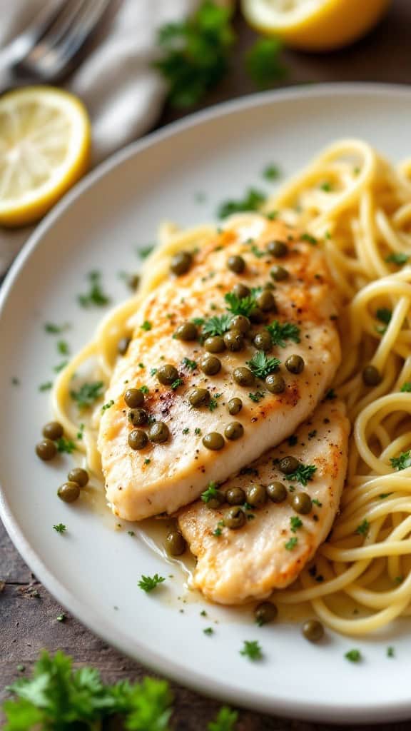 Plate of Herbed Lemon Chicken Piccata with pasta and capers