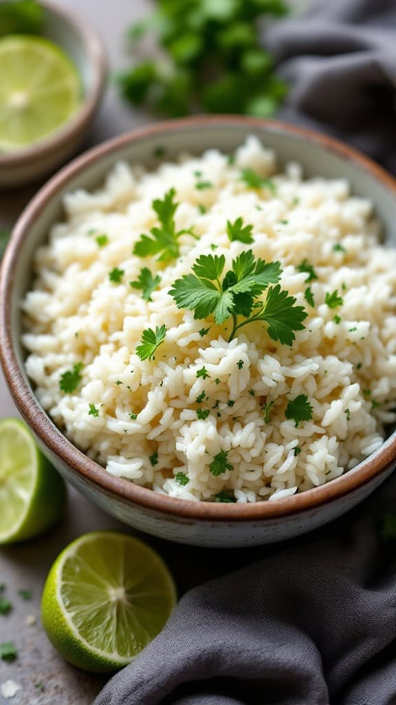A bowl of herbed lime rice garnished with cilantro, surrounded by lime halves.