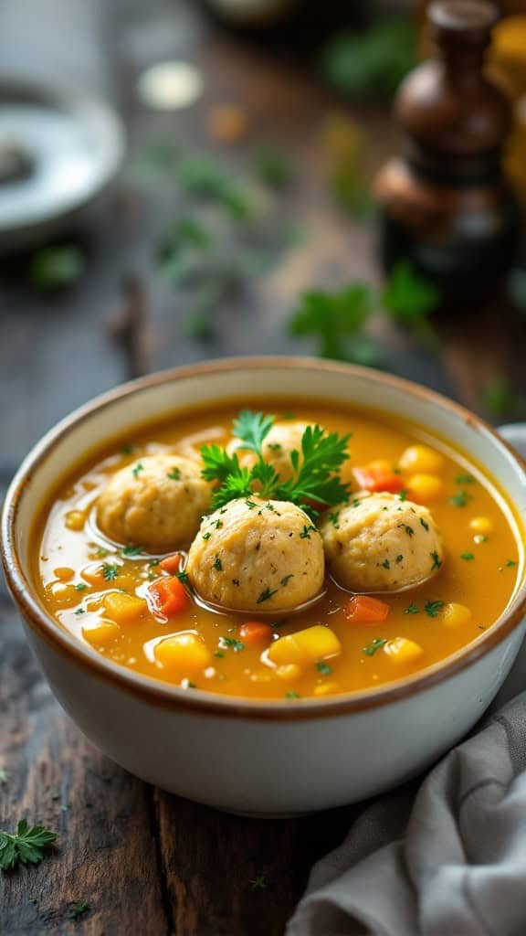 A bowl of herbed matzo ball soup with fluffy matzo balls and colorful vegetables.