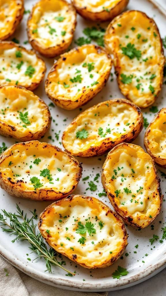 Plate of herbed potato skins topped with green herbs