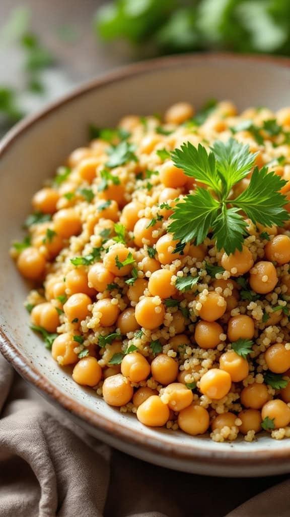 A bowl of herbed quinoa and chickpeas topped with fresh herbs.