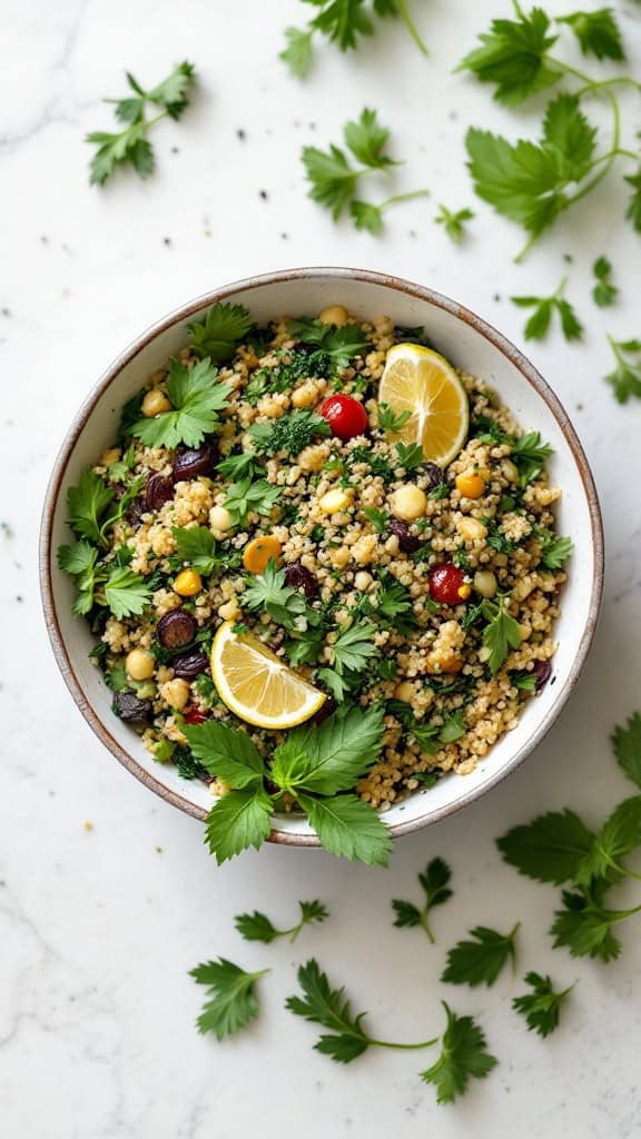 A bowl of herbed quinoa pilaf topped with lemon slices and fresh herbs, surrounded by parsley.